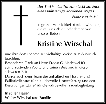 Traueranzeige von Kristine Wirschal von Mitteldeutsche Zeitung Dessau-Roßlau