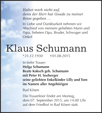 Traueranzeige von Klaus Schumann von WVG - Wochenspiegel NMB / WSF / ZTZ