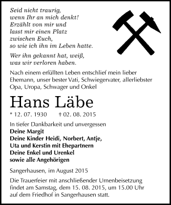 Traueranzeige von Hans Läbe von Mitteldeutsche Zeitung Sangerhausen
