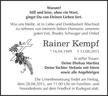 Traueranzeige von Rainer Kempf von WVG - Wochenspiegel Dessau / Köthen