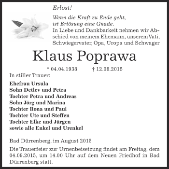 Traueranzeige von Klaus Poprawa von Super Sonntag Merseburg