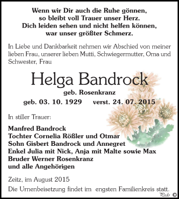 Traueranzeige von Helga Bandrock von Super Sonntag Zeitz