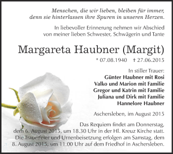 Traueranzeige von Margareta Haubner von Super Sonntag Aschersleben