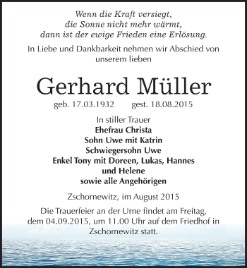Traueranzeige von Gerhard Müller von Mitteldeutsche Zeitung Wittenberg
