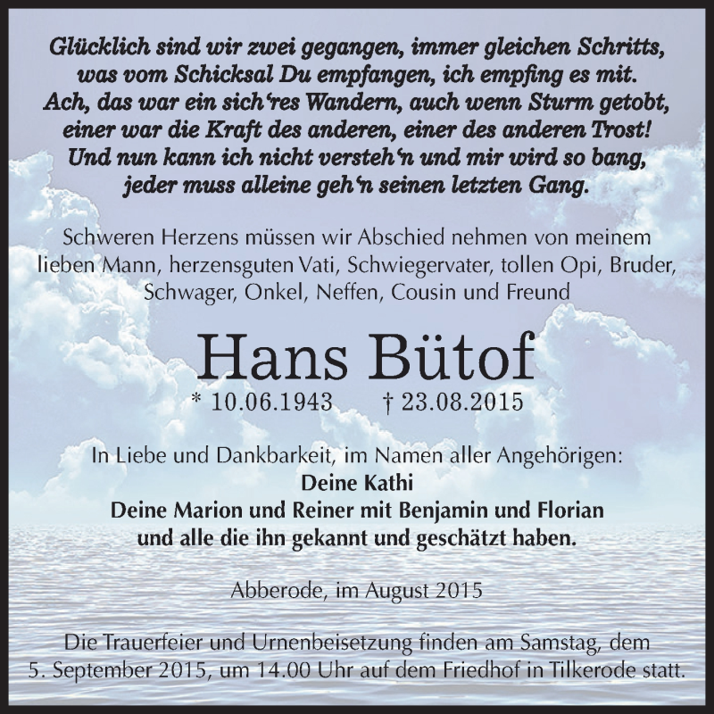  Traueranzeige für Hans Bütof vom 29.08.2015 aus Super Sonntag SGH Mansf. Land