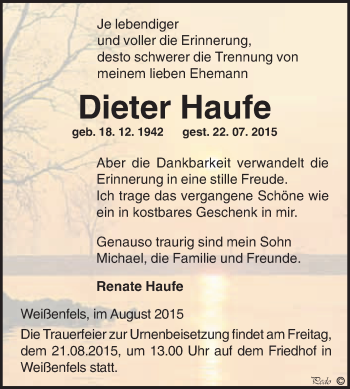 Traueranzeige von Dieter Haufe von WVG - Wochenspiegel NMB / WSF / ZTZ