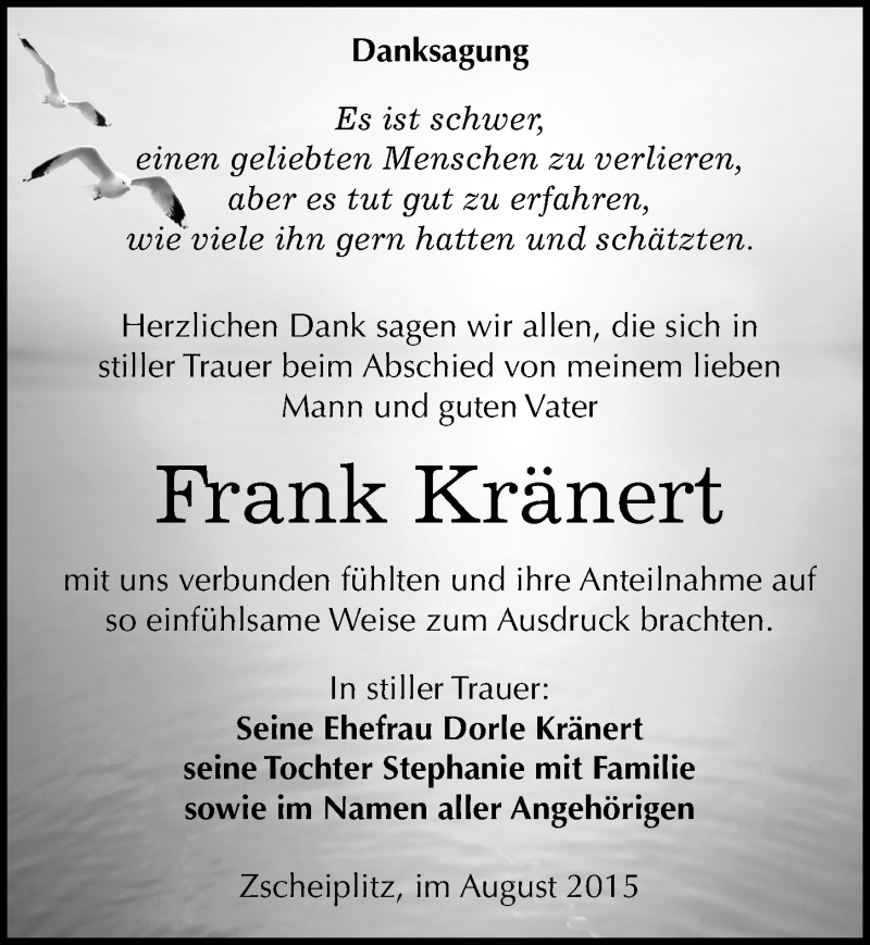  Traueranzeige für Frank Kränert vom 22.08.2015 aus Mitteldeutsche Zeitung Naumburg/Nebra