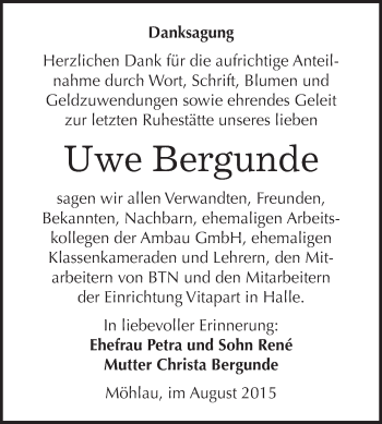Traueranzeige von Uwe Bergunde von WVG - Wochenspiegel Wittenberg