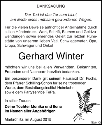 Traueranzeige von Gerhard Winter von WVG - Wochenspiegel NMB / WSF / ZTZ