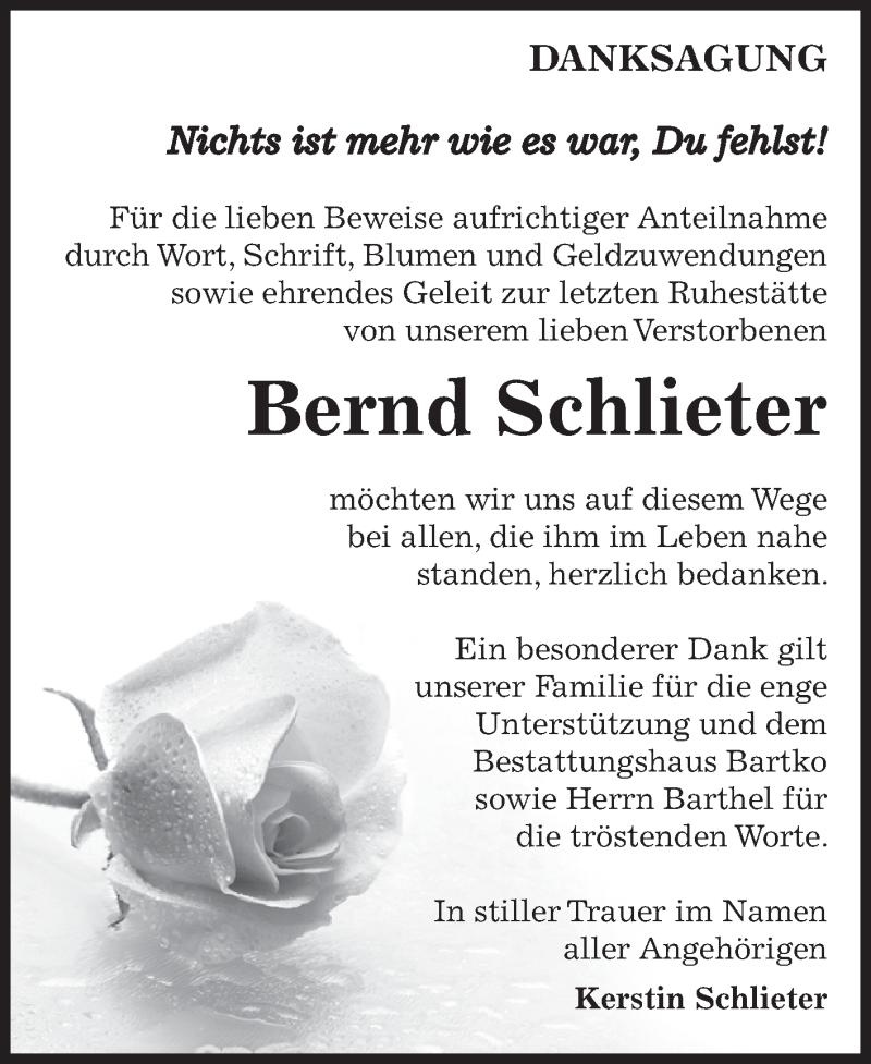  Traueranzeige für Bernd Schlieter vom 29.08.2015 aus WVG - Wochenspiegel Dessau / Köthen
