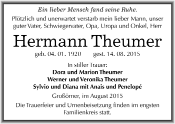 Traueranzeige von Hermann Theumer von Mitteldeutsche Zeitung Mansfelder Land