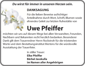 Traueranzeige von Uwe Pfeiffer von WVG - Wochenspiegel NMB / WSF / ZTZ