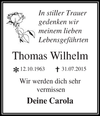 Traueranzeige von Thomas Wilhelm von WVG - Wochenspiegel Dessau / Köthen