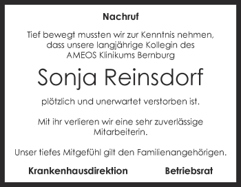 Traueranzeige von Sonja Reinsdorf von Super Sonntag Bernburg