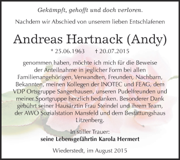 Traueranzeige von Andreas Hartnack von Super Sonntag SGH Mansf. Land
