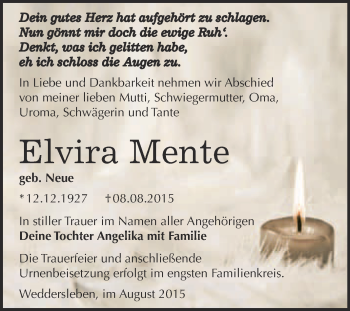 Traueranzeige von Elvira Mente von WVG - Wochenspiegel Quedlinburg