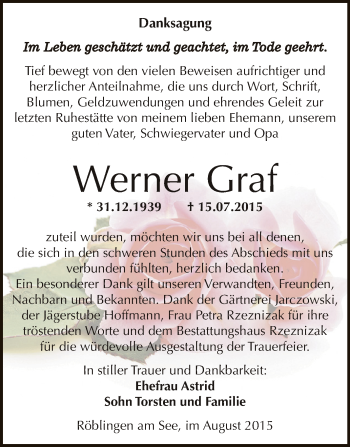 Traueranzeige von Werner Graf von Wochenspiegel Mansfelder Land