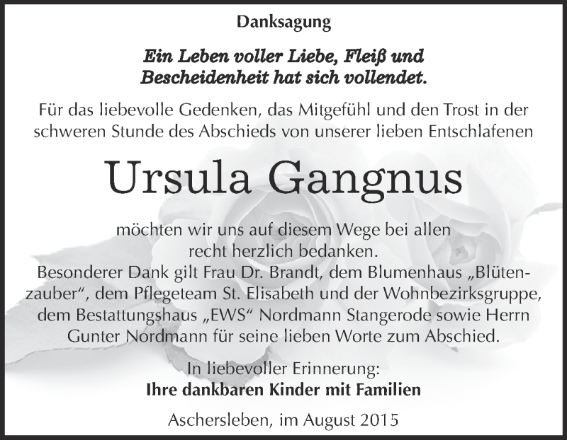  Traueranzeige für Ursula Gangnus vom 05.08.2015 aus Wochenspiegel Mansfelder Land