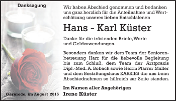Traueranzeige von Hans-Karl Küster von Mitteldeutsche Zeitung Quedlinburg