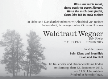 Traueranzeige von Waldtraut Wegner von WVG - Wochenspiegel Dessau / Köthen