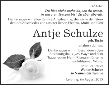 Traueranzeige von Antje Schulze von WVG - Wochenspiegel NMB / WSF / ZTZ