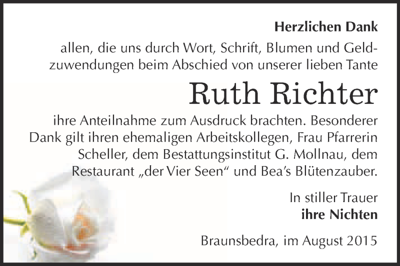  Traueranzeige für Ruth Richter vom 29.08.2015 aus WVG - Wochenspiegel Merseburg