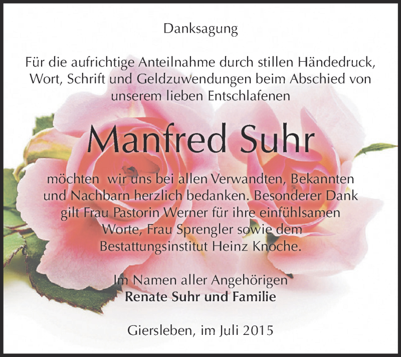  Traueranzeige für Manfred Suhr vom 05.08.2015 aus Super Sonntag Aschersleben