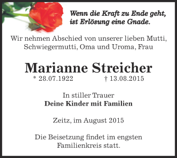 Traueranzeige von Marianne Streicher von Super Sonntag Zeitz