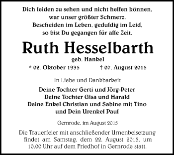 Traueranzeige von Ruth Hesselbarth von WVG - Wochenspiegel Quedlinburg