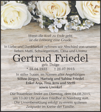 Traueranzeige von Gertrud Friedel von Super Sonntag Bernburg