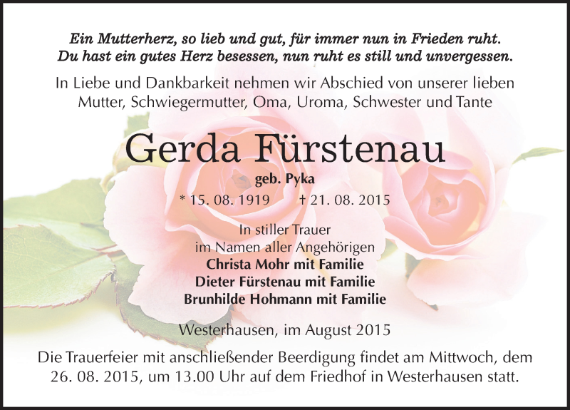  Traueranzeige für Gerda Fürstenau vom 25.08.2015 aus Mitteldeutsche Zeitung Quedlinburg
