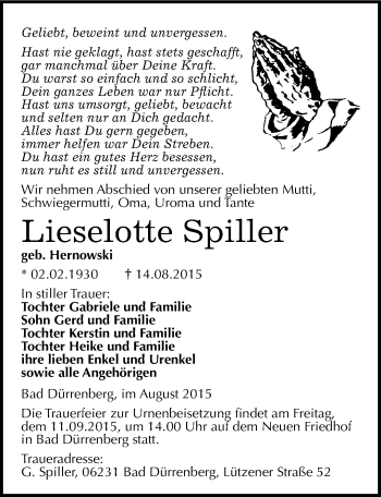 Traueranzeige von Lieselotte Spiller von Mitteldeutsche Zeitung Merseburg/Querfurt