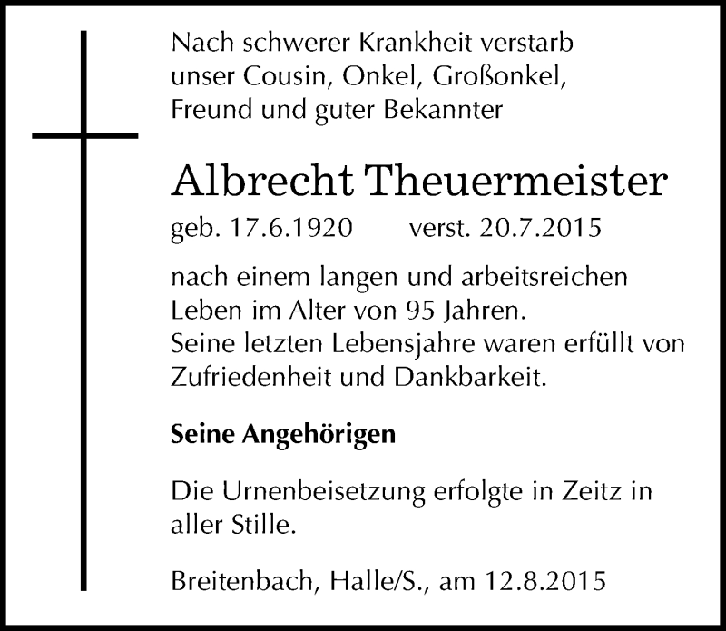  Traueranzeige für Albrecht Theuermeister vom 14.08.2015 aus Mitteldeutsche Zeitung Zeitz