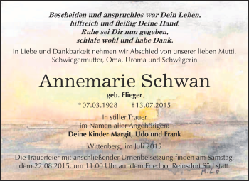 Traueranzeige von Annemarie Schwan von WVG - Wochenspiegel Wittenberg