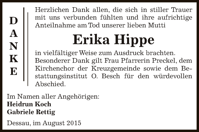  Traueranzeige für Erika Hippe vom 22.08.2015 aus WVG - Wochenspiegel Dessau / Köthen