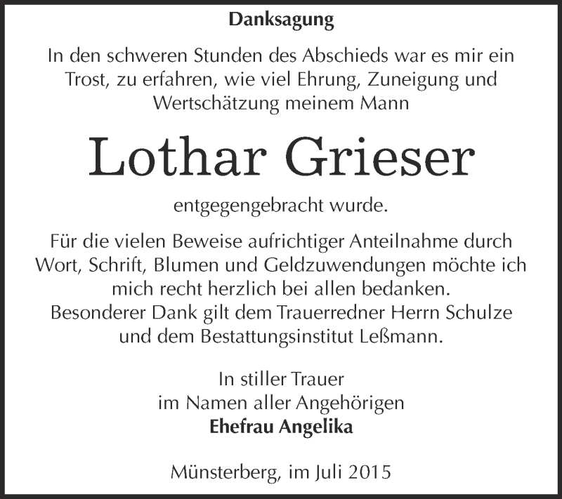  Traueranzeige für Lothar Grieser vom 01.08.2015 aus WVG - Wochenspiegel Wittenberg