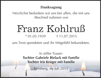 Traueranzeige von Franz Kohlruß von WVG - Wochenspiegel Wittenberg