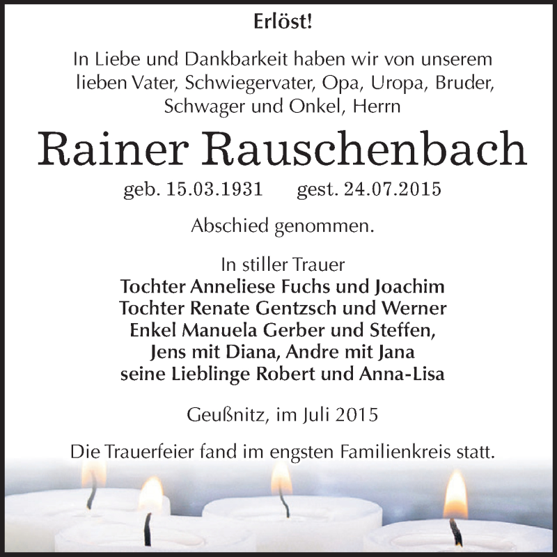  Traueranzeige für Rainer Rauschenbach vom 01.08.2015 aus Super Sonntag Zeitz
