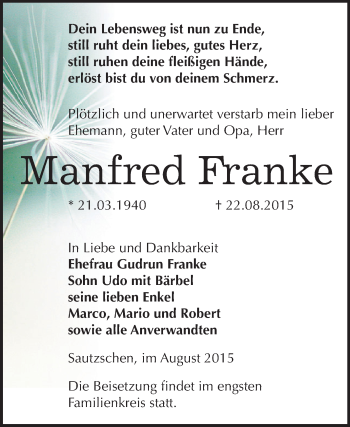Traueranzeige von Manfred Franke von Super Sonntag Zeitz