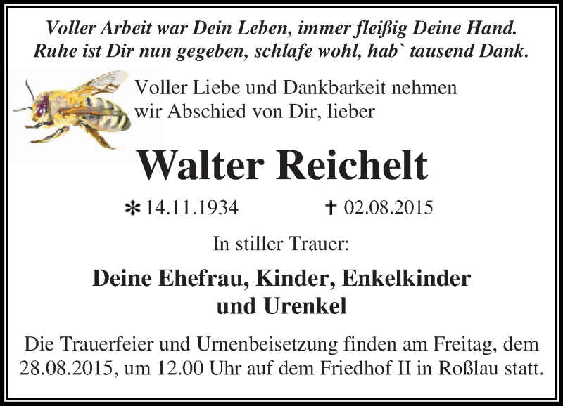  Traueranzeige für Walter Reichelt vom 08.08.2015 aus WVG - Wochenspiegel Dessau / Köthen