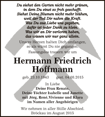 Traueranzeige von Hermann Friedrich Hoffmann von Super Sonntag Zeitz