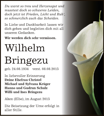 Traueranzeige von Wilhelm Bringezu von WVG - Wochenspiegel Dessau / Köthen