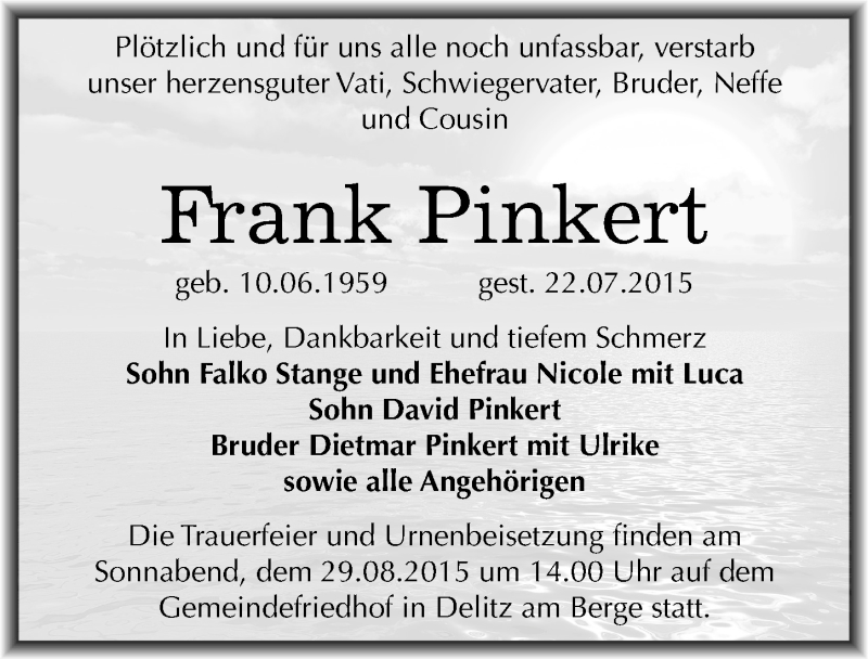  Traueranzeige für Frank Pinkert vom 15.08.2015 aus Mitteldeutsche Zeitung Merseburg/Querfurt