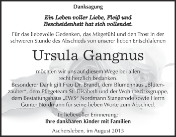 Traueranzeige von Ursula Gangnus von Wochenspiegel Mansfelder Land