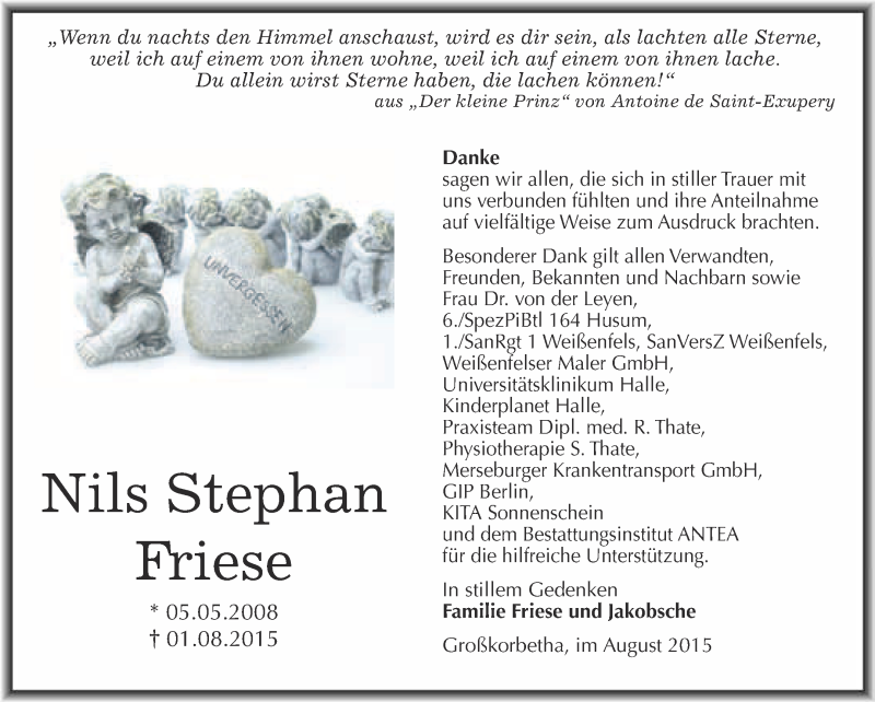 Traueranzeige für Nils Stephan Friese vom 26.08.2015 aus Mitteldeutsche Zeitung