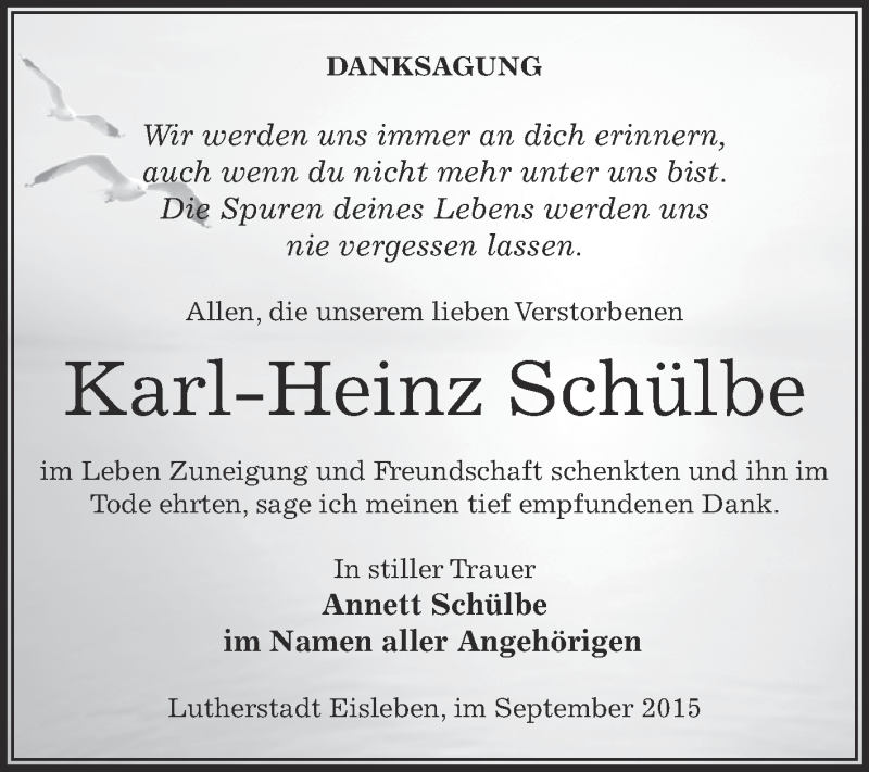  Traueranzeige für Karl-Heinz Schülbe vom 30.09.2015 aus Wochenspiegel Mansfelder Land