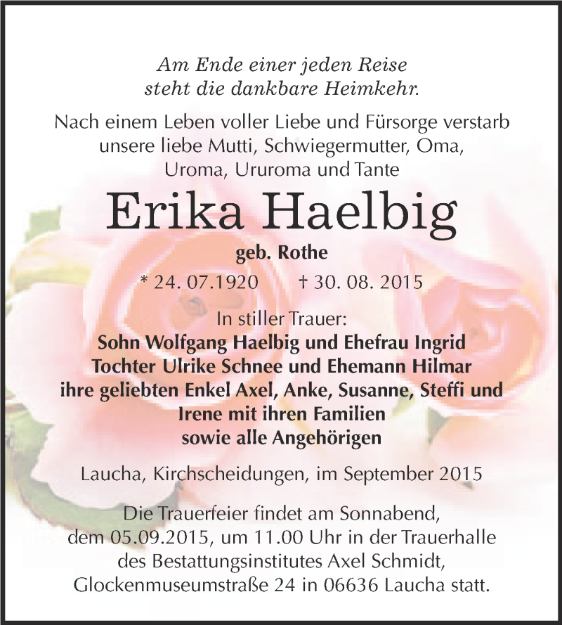  Traueranzeige für Erika Haelbig vom 02.09.2015 aus WVG - Wochenspiegel NMB / WSF / ZTZ
