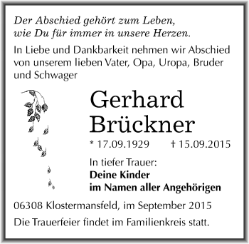 Traueranzeige von Gerhard Brückner von Mitteldeutsche Zeitung Mansfelder Land