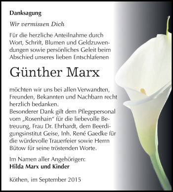 Traueranzeige von Günther Marx von WVG - Wochenspiegel Dessau / Köthen