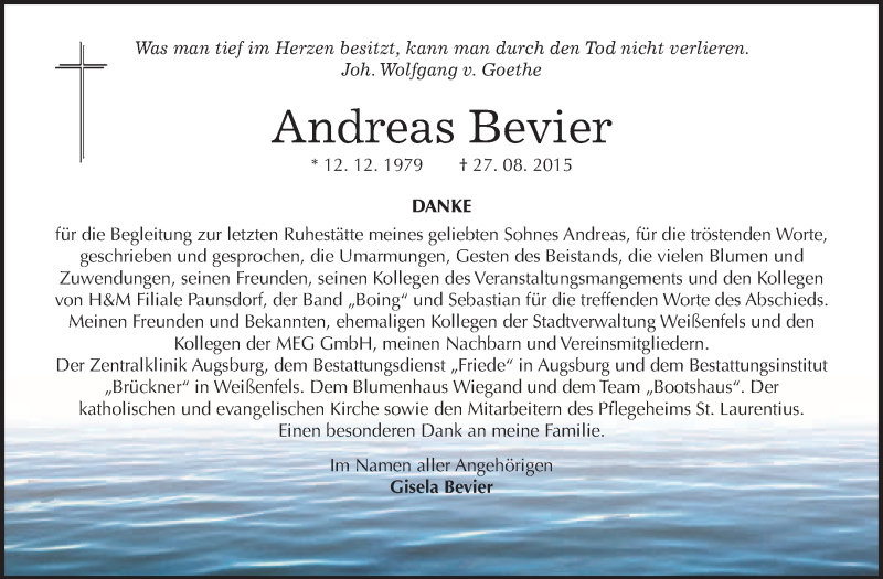  Traueranzeige für Andreas Bevier vom 23.09.2015 aus WVG - Wochenspiegel NMB / WSF / ZTZ